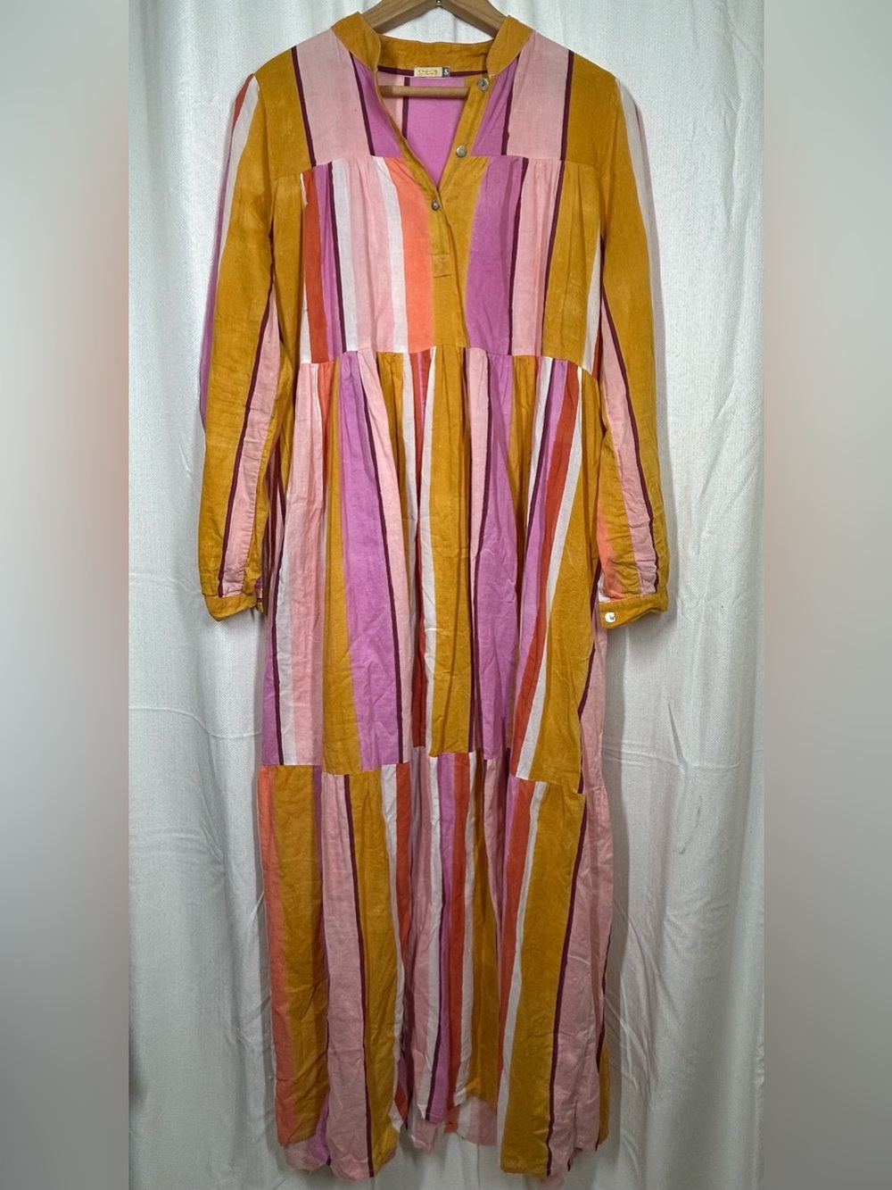 Matta Striped Maxi Dress 100% Cotton Size Small India Bright Pink Orange Buttons